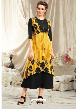 Black And Yellow Rayon Readymade Kurti With Georgette Jacket