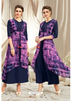 Navy Blue Rayon Readymade Kurti With Georgette Jacket