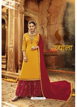 Yellow And Red Pure Satin Georgette Designer Suit