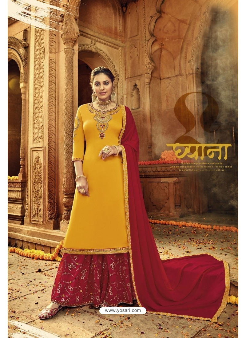 drashti dhami yellow red satin georgette lehenga style suit 3307 | Lehenga  style, Indian clothes online, Green color combination dresses