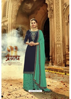Navy And Mint Pure Satin Georgette Designer Suit