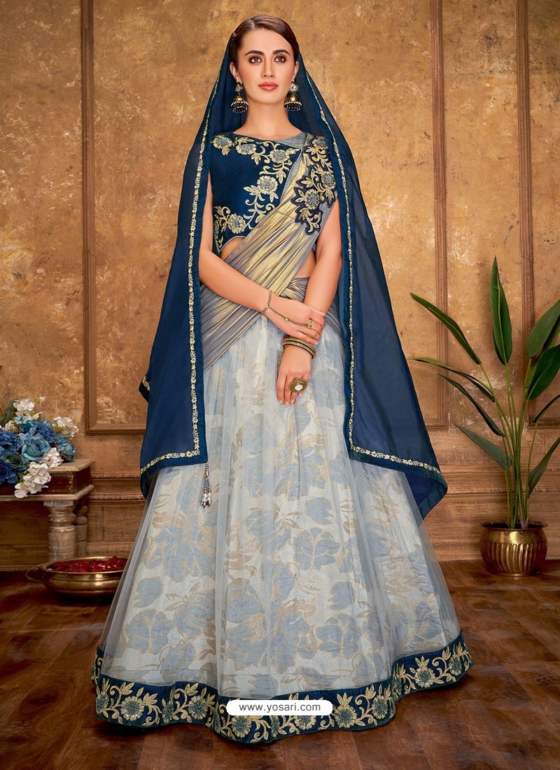 Buy Grey And Blue Fancy jacquard And Net Designer Lehenga Choli ...