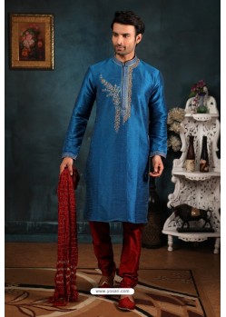 Peacock Blue Art Banarasi Silk Kurta Pajama