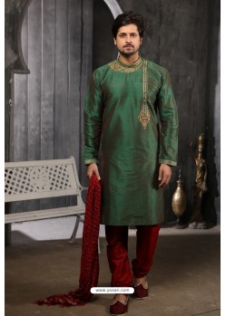 Dark Green Art Banarasi Silk Kurta Pajama