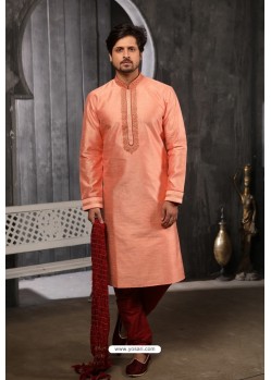 Peach Art Banarasi Silk Kurta Pajama