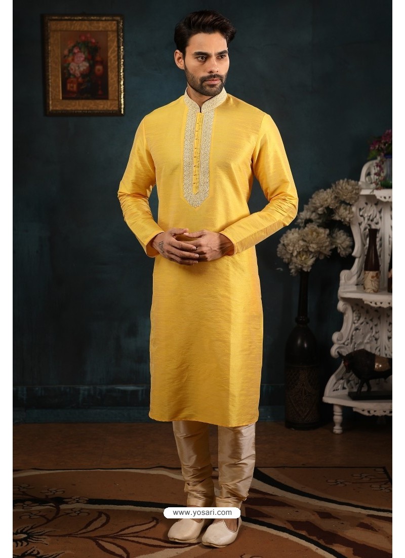 Buy Yellow Art Banarasi Silk Kurta Pajama | Kurta Pajama