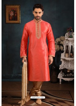 Dark Peach Art Banarasi Silk Kurta Pajama