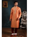 Desirable Peach Art Banarasi Silk Kurta Pajama