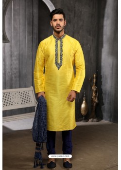 Yellow Art Banarasi Silk Kurta Pajama