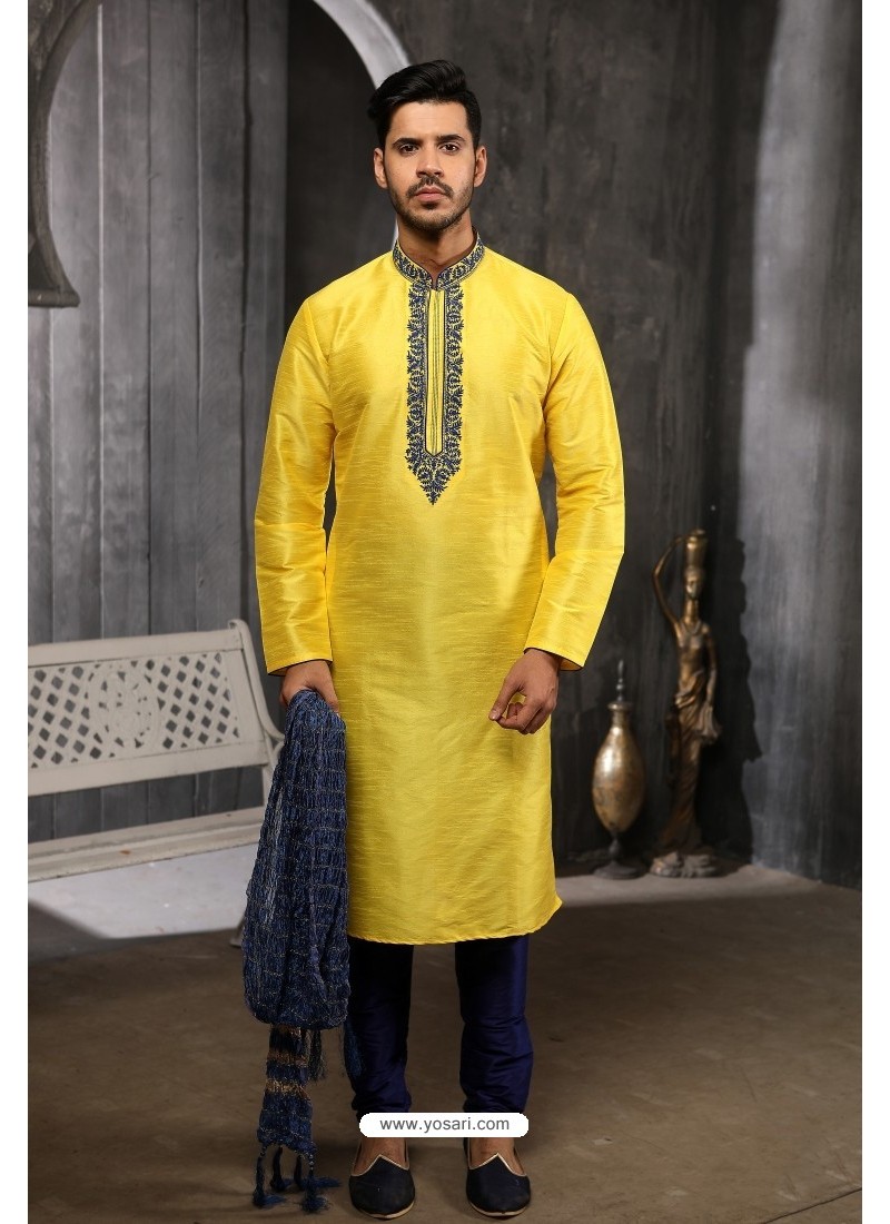 Buy Yellow Art Banarasi Silk Kurta Pajama | Kurta Pajama