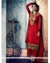 Sumptuous Resham Work Red Churidar Designer Suit