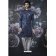 Peacock Blue Imported Jacquard Designer Sherwani