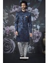 Peacock Blue Imported Jacquard Designer Sherwani