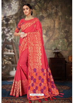 Crimson Linen Cotton Banarasi Silk Designer Saree