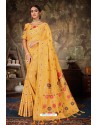 Yellow Linen Cotton Banarasi Silk Designer Saree