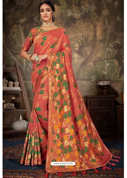 Dark Peach Linen Cotton Banarasi Silk Designer Saree