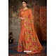 Orange Linen Cotton Banarasi Silk Designer Saree