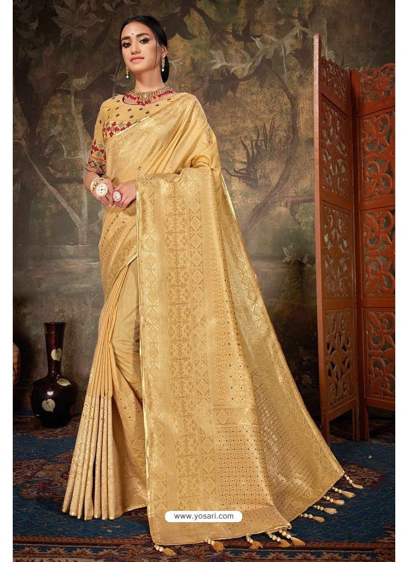 Buy Golden Linen Cotton Banarasi Silk Designer Saree | Designer Sarees