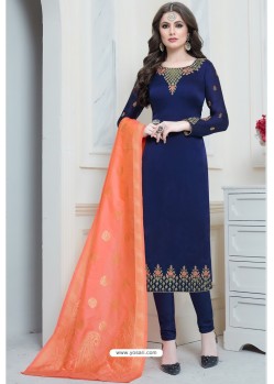 Navy Blue Satin Georgette Embroidered Churidar Suit