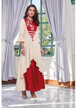 Off White And Red Rayon Readymade Designer Kurti