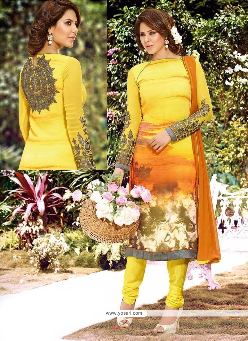 Incredible Georgette Yellow Print Work Churidar Salwar Suit