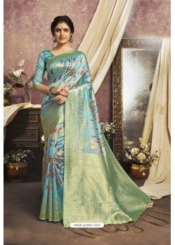 Sky Blue Jacquard Silk Weaving Worked Saree