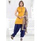 Yellow And Blue Chanderi Silk Patiala Salwar Suit