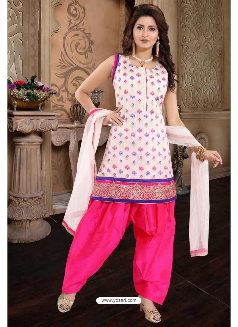 Rani And Off White Brocade Silk Patiala Salwar Suit