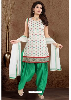 Jade Green And Off White Brocade Silk Patiala Salwar Suit