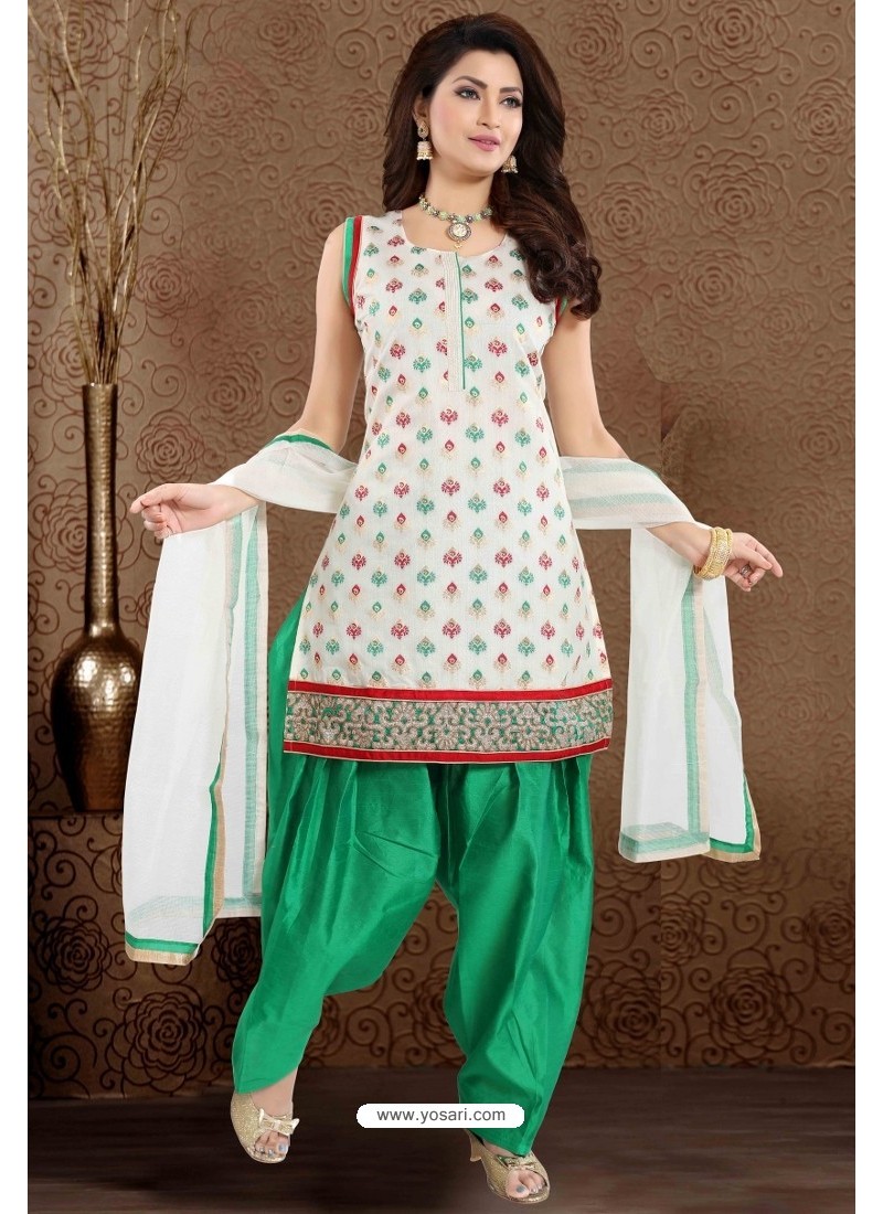 Jade Green And Off White Brocade Silk Patiala Salwar Suit