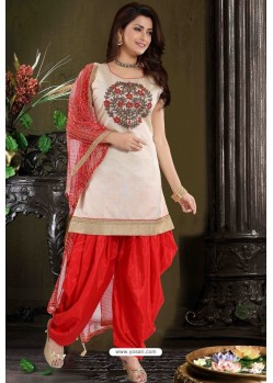 Red And Off White Chanderi Silk Patiala Salwar Suit