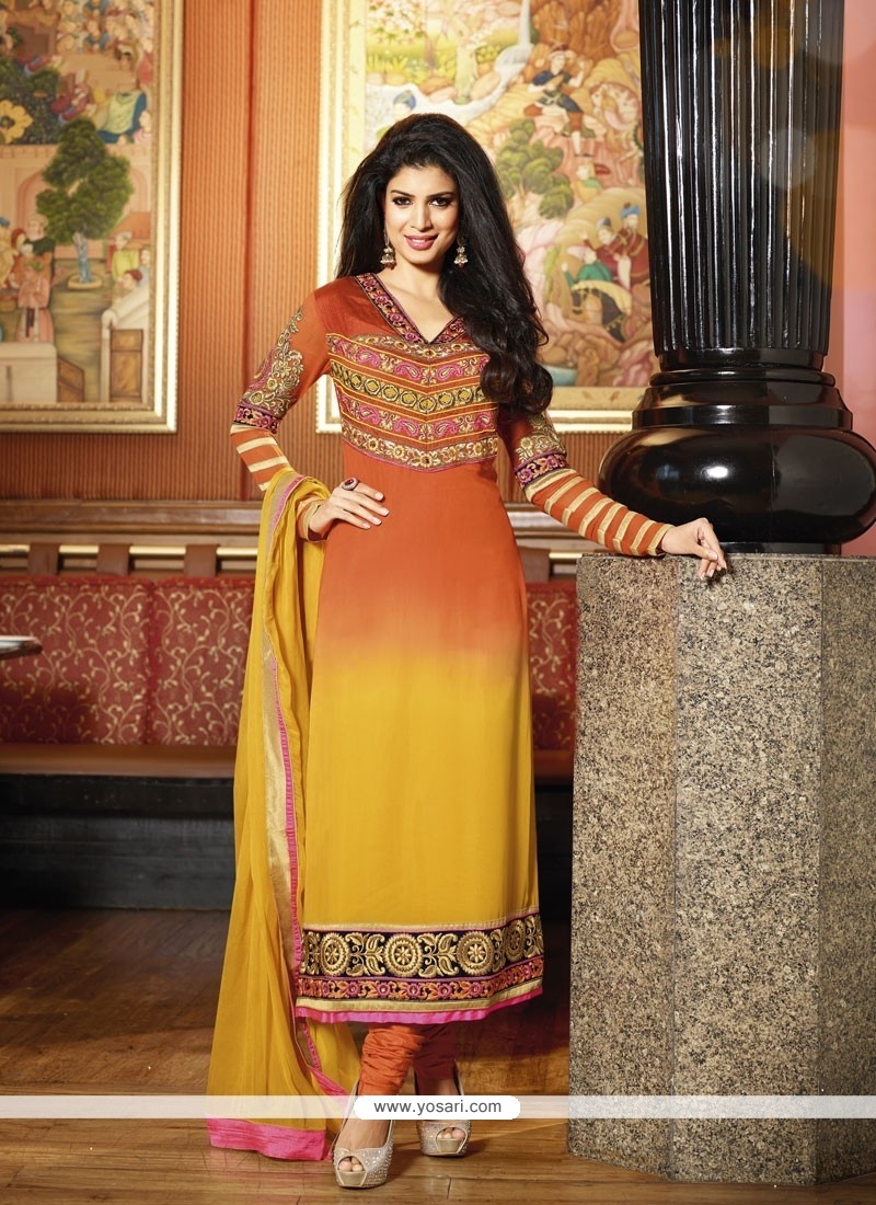 Gold And Orange Shaded Georgette Churidar Suit