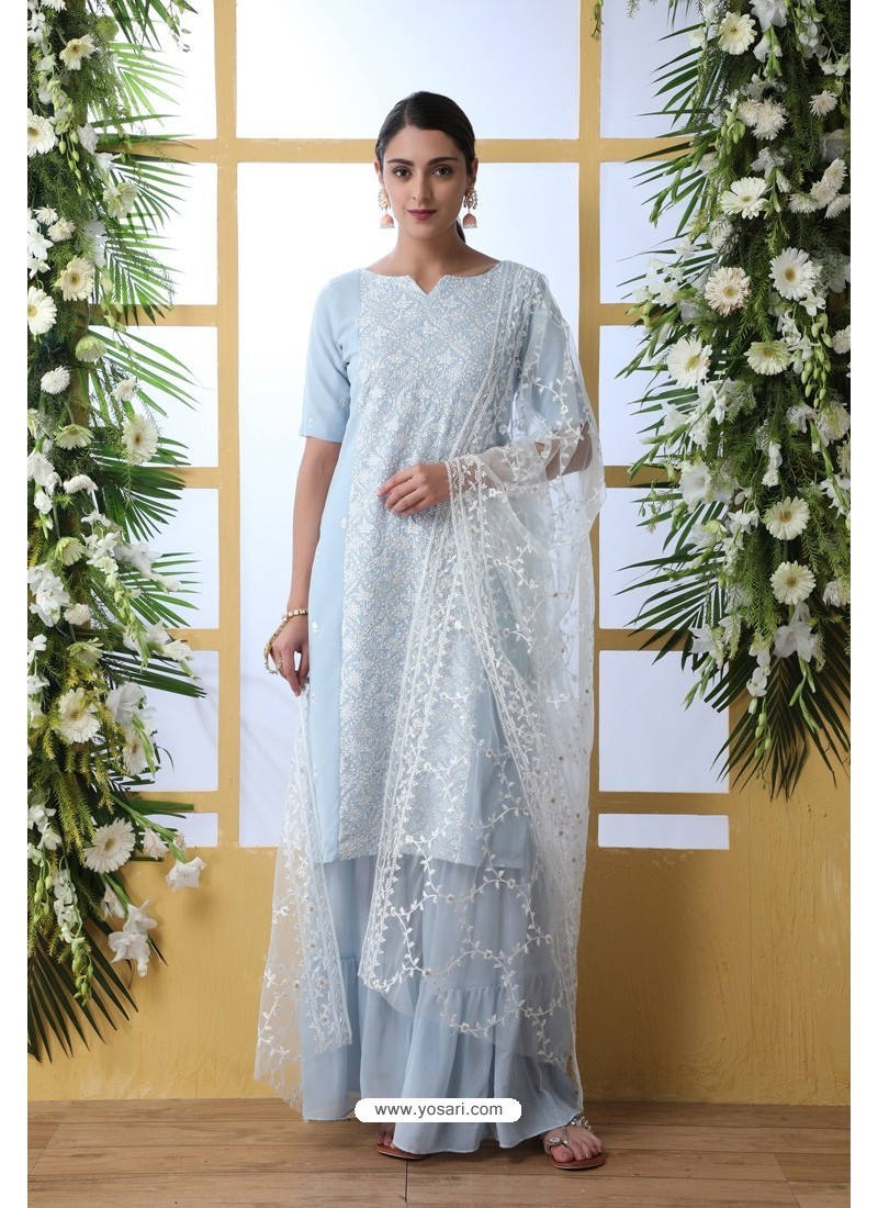 Sky Blue Georgette Sequence Embroidered Sharara Suit