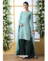 Sky Blue And Green Soft Cotton Embroidered Sharara Suit