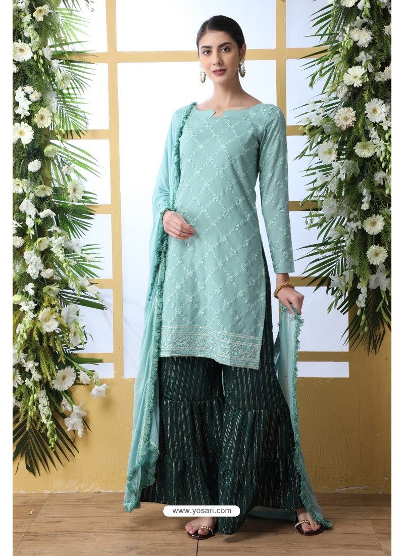 Sky Blue And Green Soft Cotton Embroidered Sharara Suit