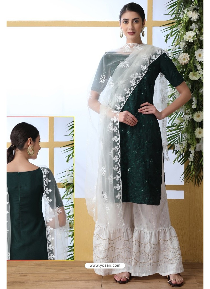 Dark Green And White Soft Cotton Embroidered Sharara Suit