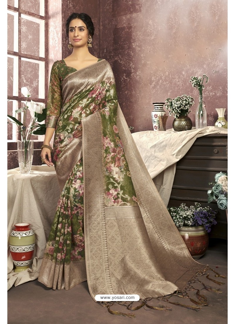 Forest Green Cotton Digital Printed Party Wear Saree