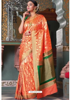 Orange Handloom Silk Party Wear Designer Saree