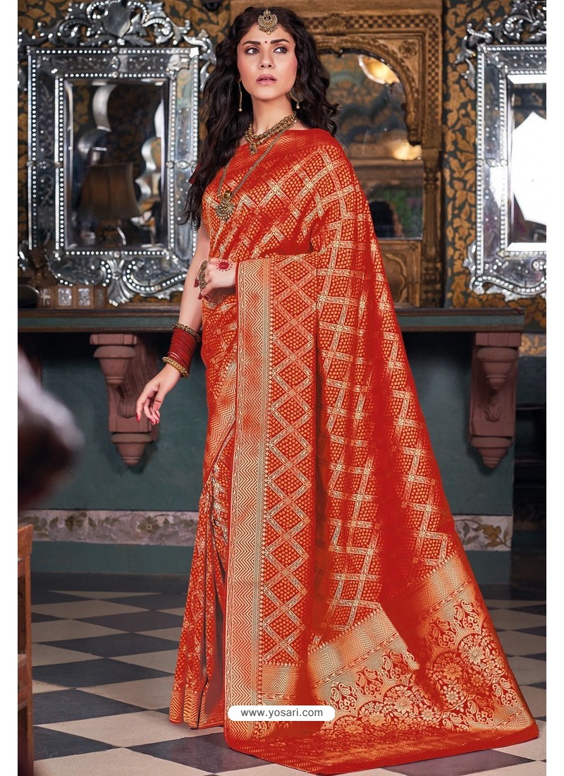 Red Handloom Silk Party Wear Designer Saree