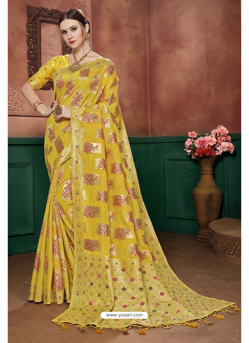 Yellow Banarasi Cotton Silk Designer Saree