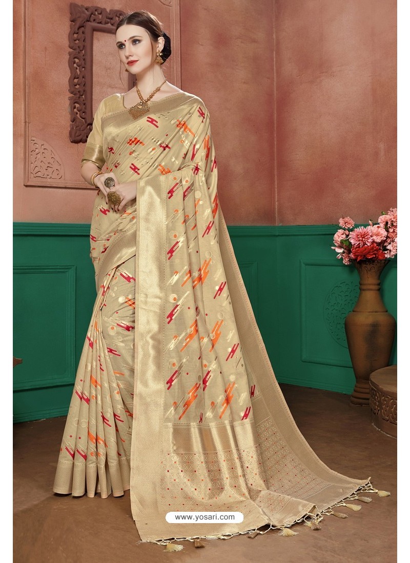 Beige Banarasi Cotton Silk Designer Saree