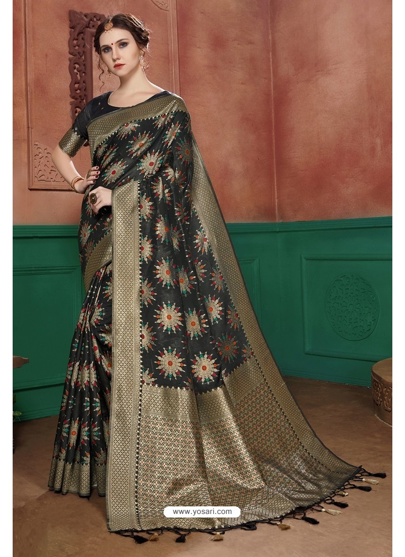Black Banarasi Cotton Silk Designer Saree