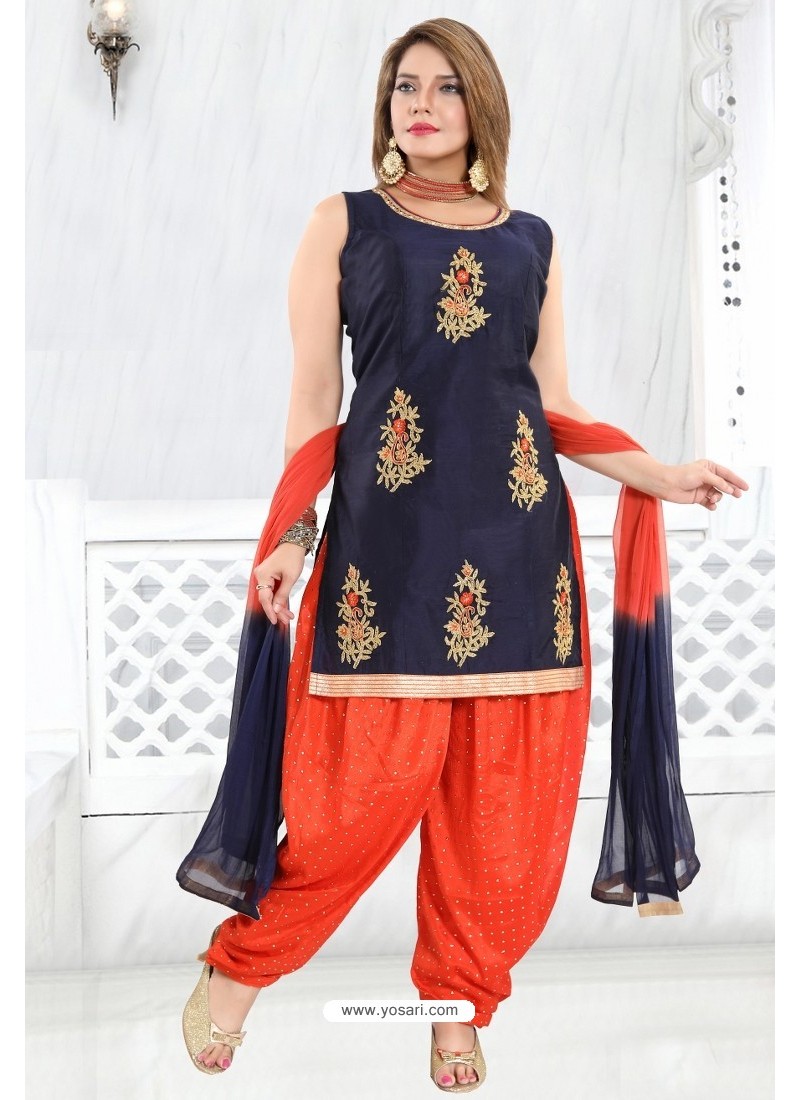 Navy And Orange Banglori Silk Designer Patiala Suit
