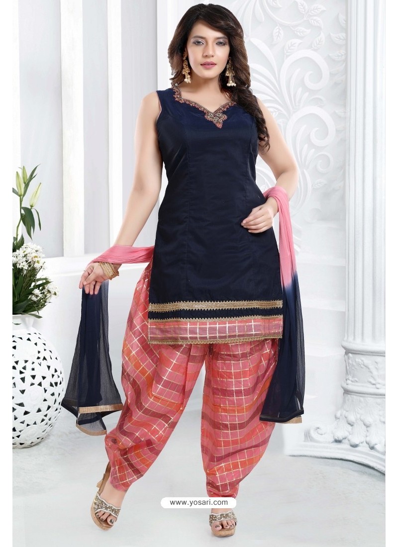 Navy And Pink Banglori Silk Designer Patiala Suit