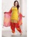 Yellow And Red Banglori Silk Designer Patiala Suit