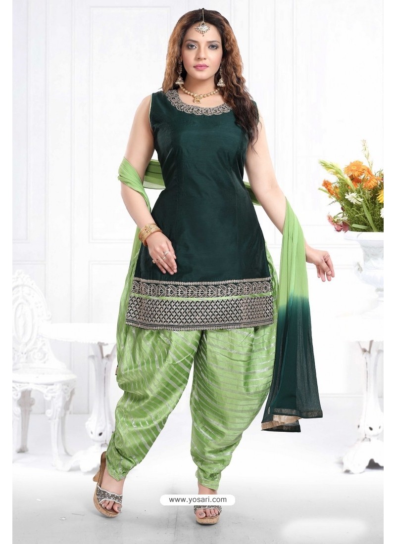 Dark Green And Pista Banglori Silk Designer Patiala Suit