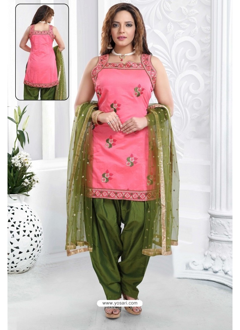Pink And Mehendi Banglori Silk Designer Patiala Suit