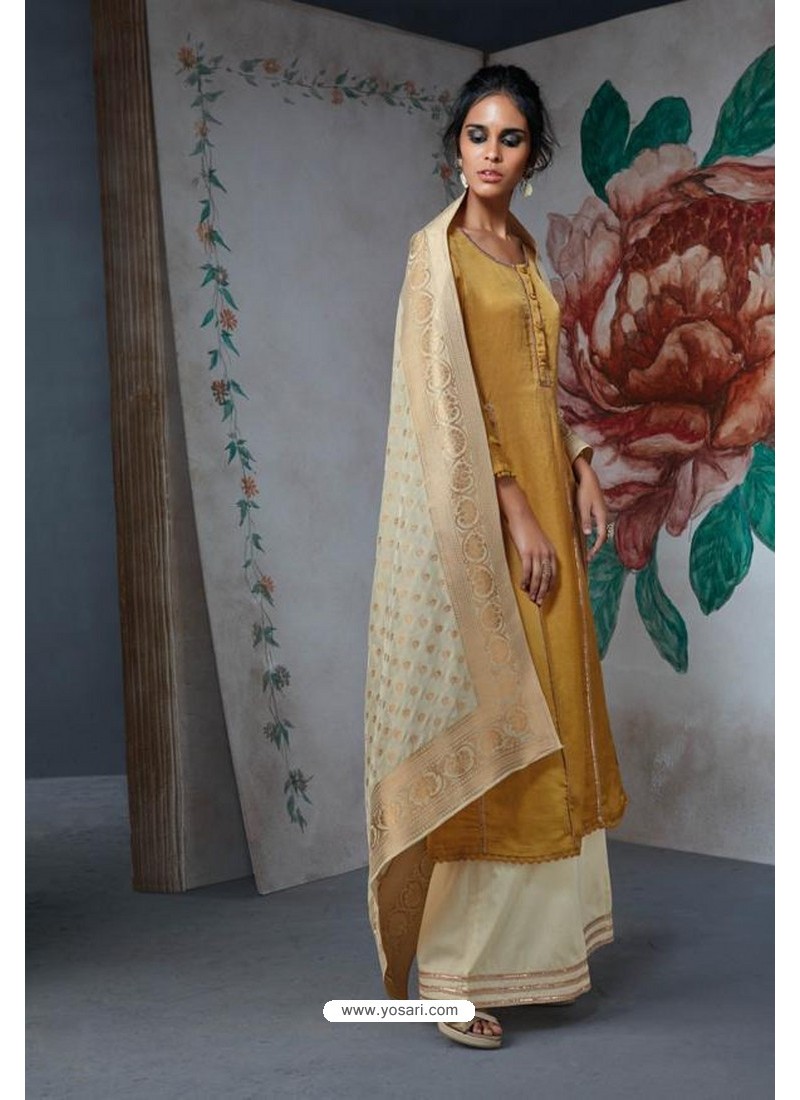 Yellow And Cream Pure Silk Linen Satin Palazzo Suit