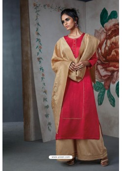 Crimson And Light Beige Pure Silk Linen Satin Palazzo Suit