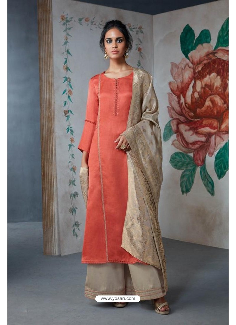 Orange And Beige Pure Silk Linen Satin Palazzo Suit